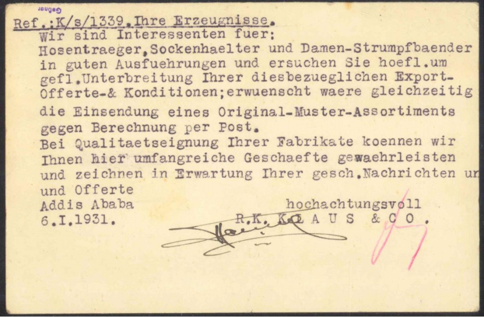 Äthiopien; 1931 Korrespondenz nach Wehrsdorf in SachsenGeschäftskarte aus ADDIS ABABA an die Gummi- - Bild 2 aus 2