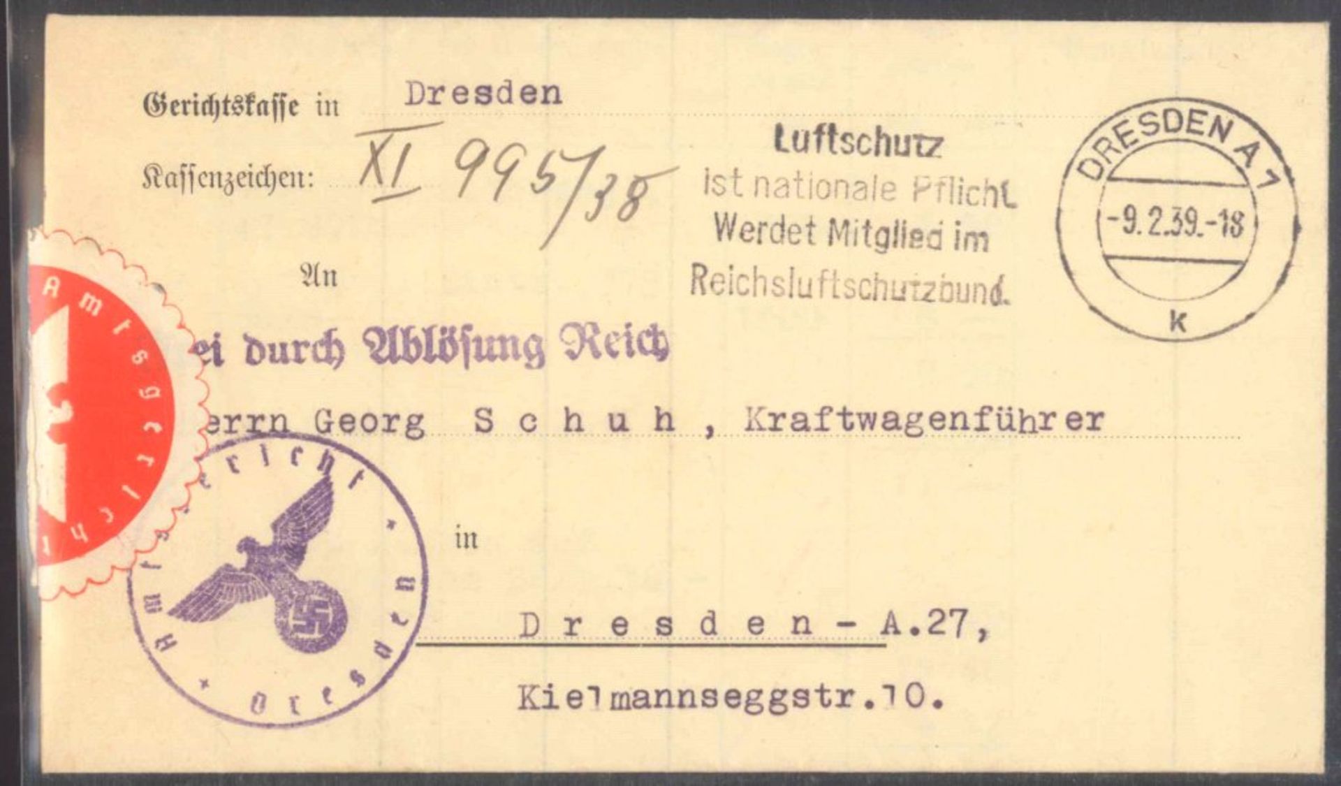 III. Reich 1939 "Frei durch Ablösung"; DRESDENGerichtskassenbescheid der Gerichtskasse DRESDEN vom