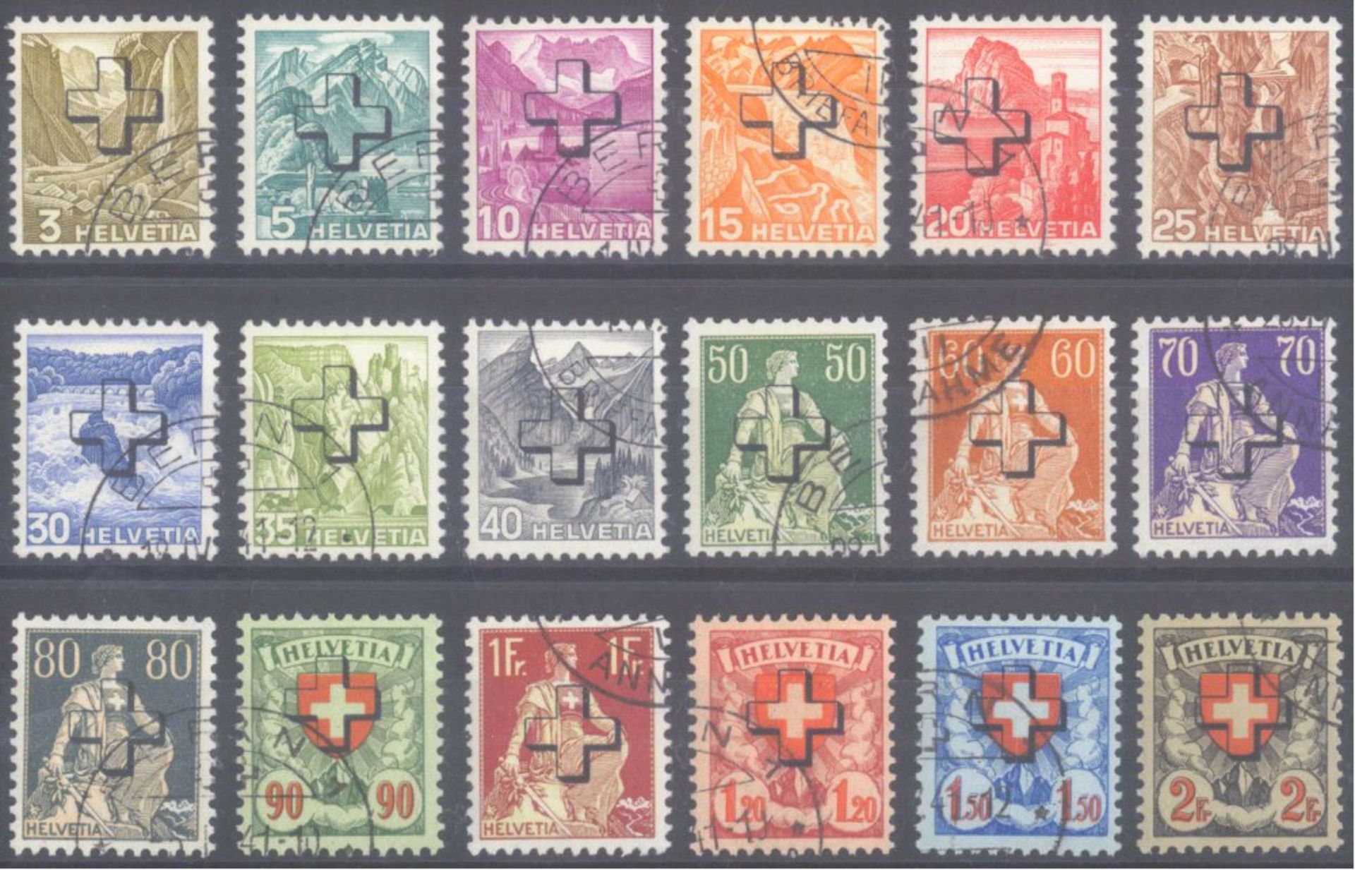 1938 Schweiz, Dienstmarken Bundesbehörden, "Kreuz"-AufdruckMichelnummern 28-45 je gestempelt