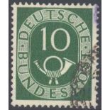 1951 Bund, 10 Pfennig Posthorn mit Plattenfehler IMichelnummer 128 I, "abgeschlagener Bogen des S",