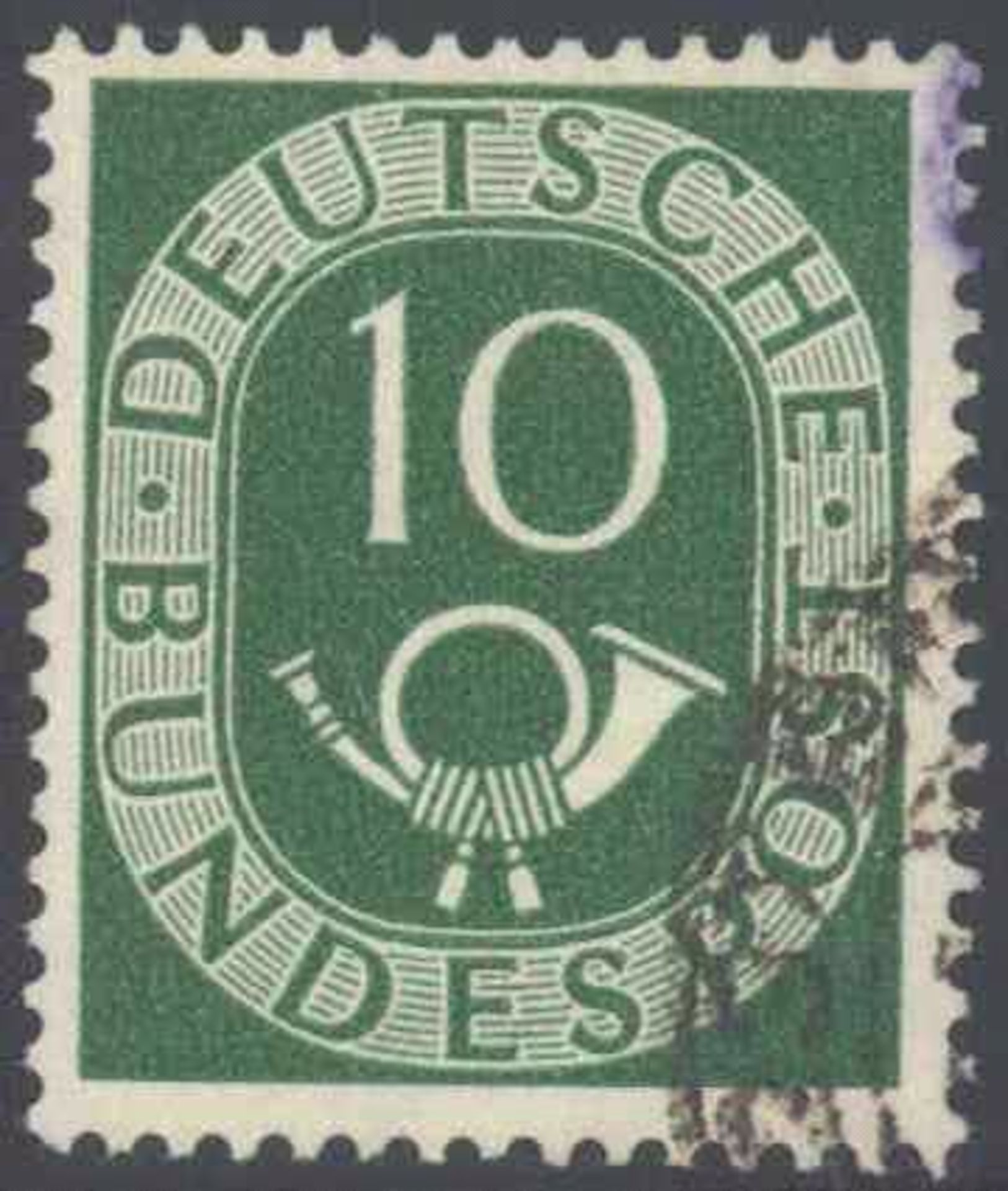 1951 Bund, 10 Pfennig Posthorn mit Plattenfehler IMichelnummer 128 I, "abgeschlagener Bogen des S",