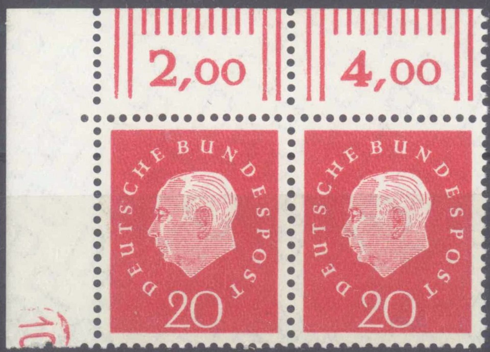 1959 Bund, 20 Pfennig Heuss III mit Druckerzeichen "10"Michelnummer 304 DZ "10", fast