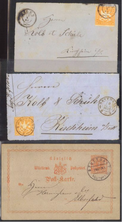 Württemberg 1859-1874, Rottweil, Aalen, Kirchheim/Teck2 Briefvorderseiten und 1 Ganzsache: