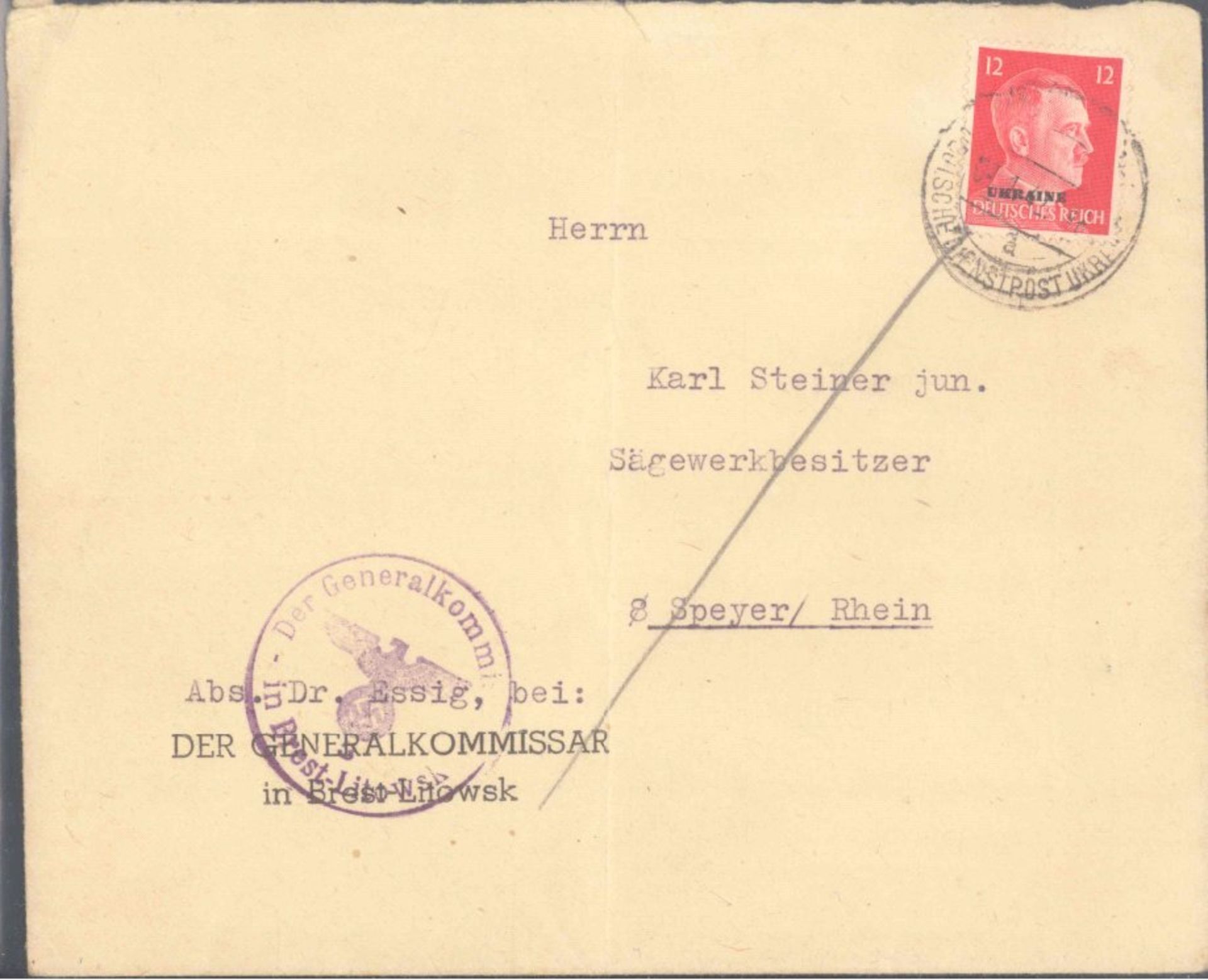 1942 Deutsche Dienspost UkraineBrief mit Eindruck "DER GENERALKOMMISSAR in Brest Litowsk",Absender