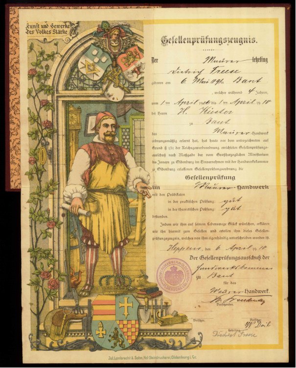 1910 OLDENBURG - farbiges Gesellenprüfzeugnis von 1910eines Maurerlehrlings; im entsprechenden
