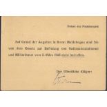 1946, Bescheid zur ENTNAZIFIZIERUNGKarte des öffentlichen Klägers der Spruchkammer Karlsruhe.
