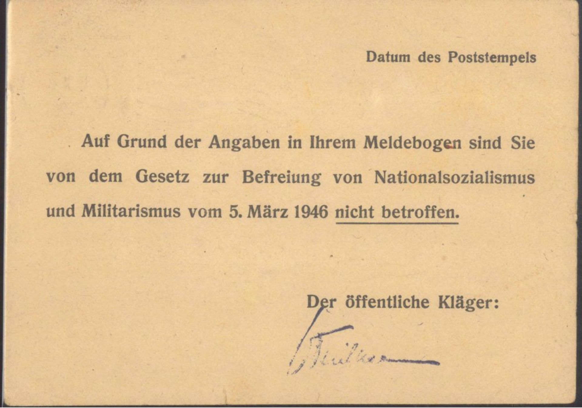 1946, Bescheid zur ENTNAZIFIZIERUNGKarte des öffentlichen Klägers der Spruchkammer Karlsruhe.