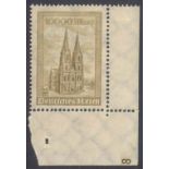 1923 Deutsches Reich, Kölner Dom, PLATTENNUMMER "8"Michelnummer 262, rechte untere Bogenecke mit