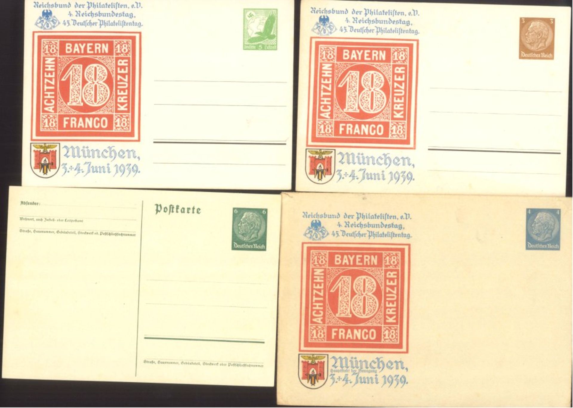 III. Reich, 3 verschiedene Privatganzsachen von 1939zum Reichsbundestag der Philatelisten München