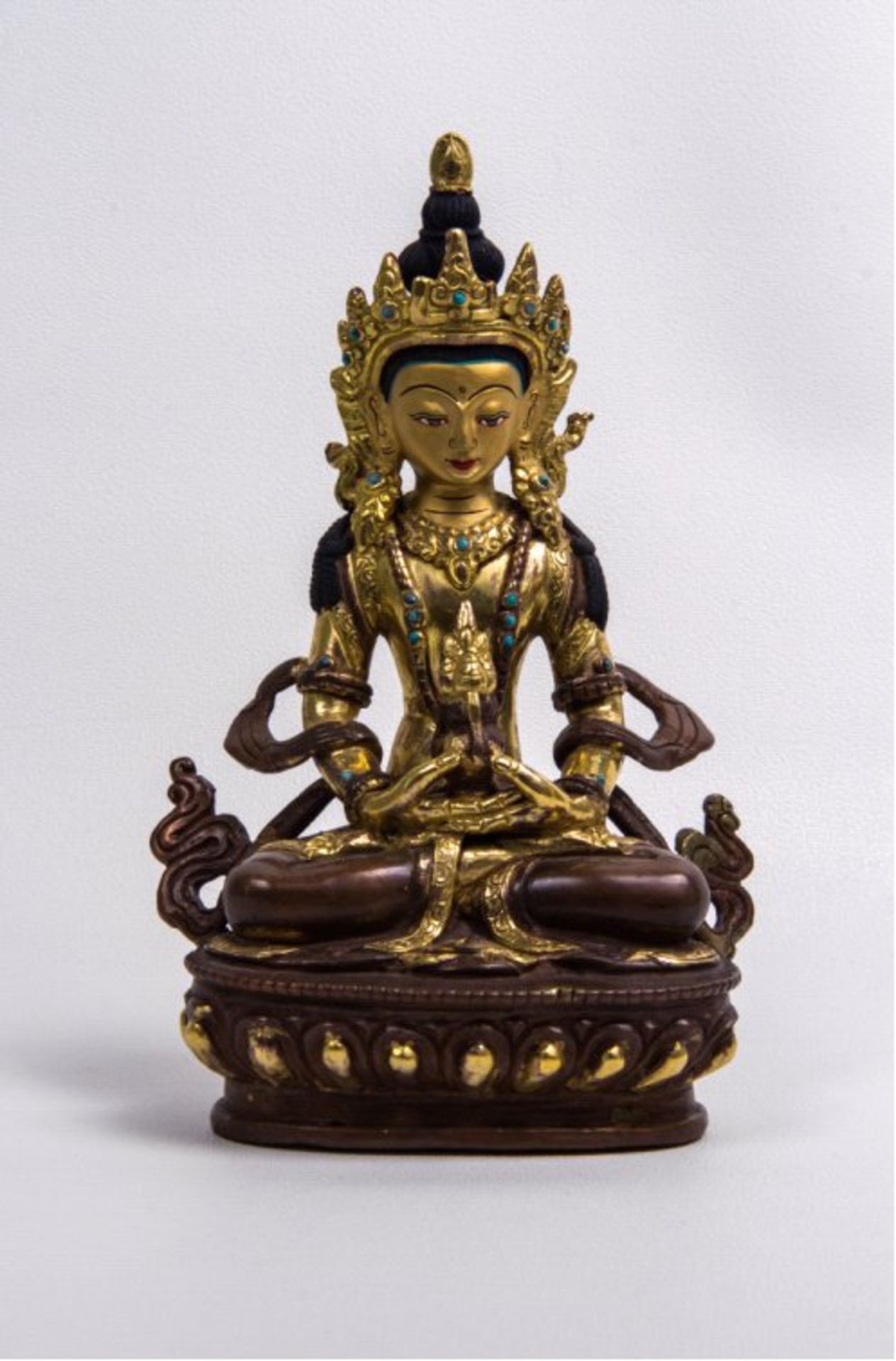 Der Transzendente Buddha Amitäyus, TibetBronze Feuervergoldet, Kopfkrone besetzt mit