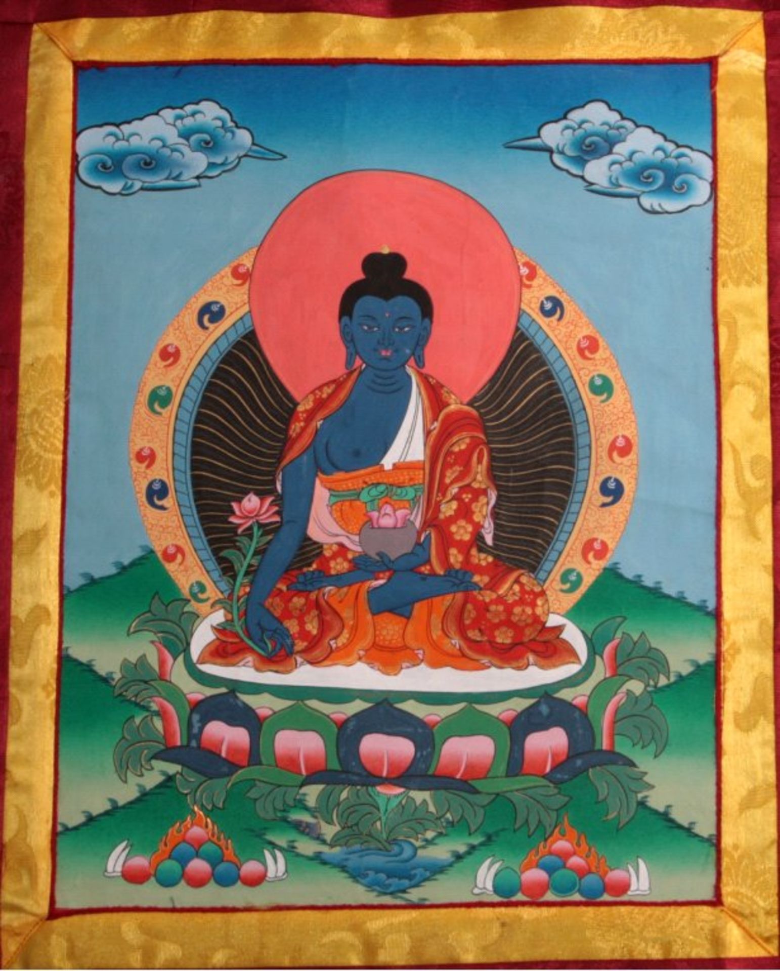 Thanka, Tibet 20. Jh.Bemalt mit Medizinbuddha auf Lotusthron sitzend, ca.62x41cm - Bild 2 aus 2