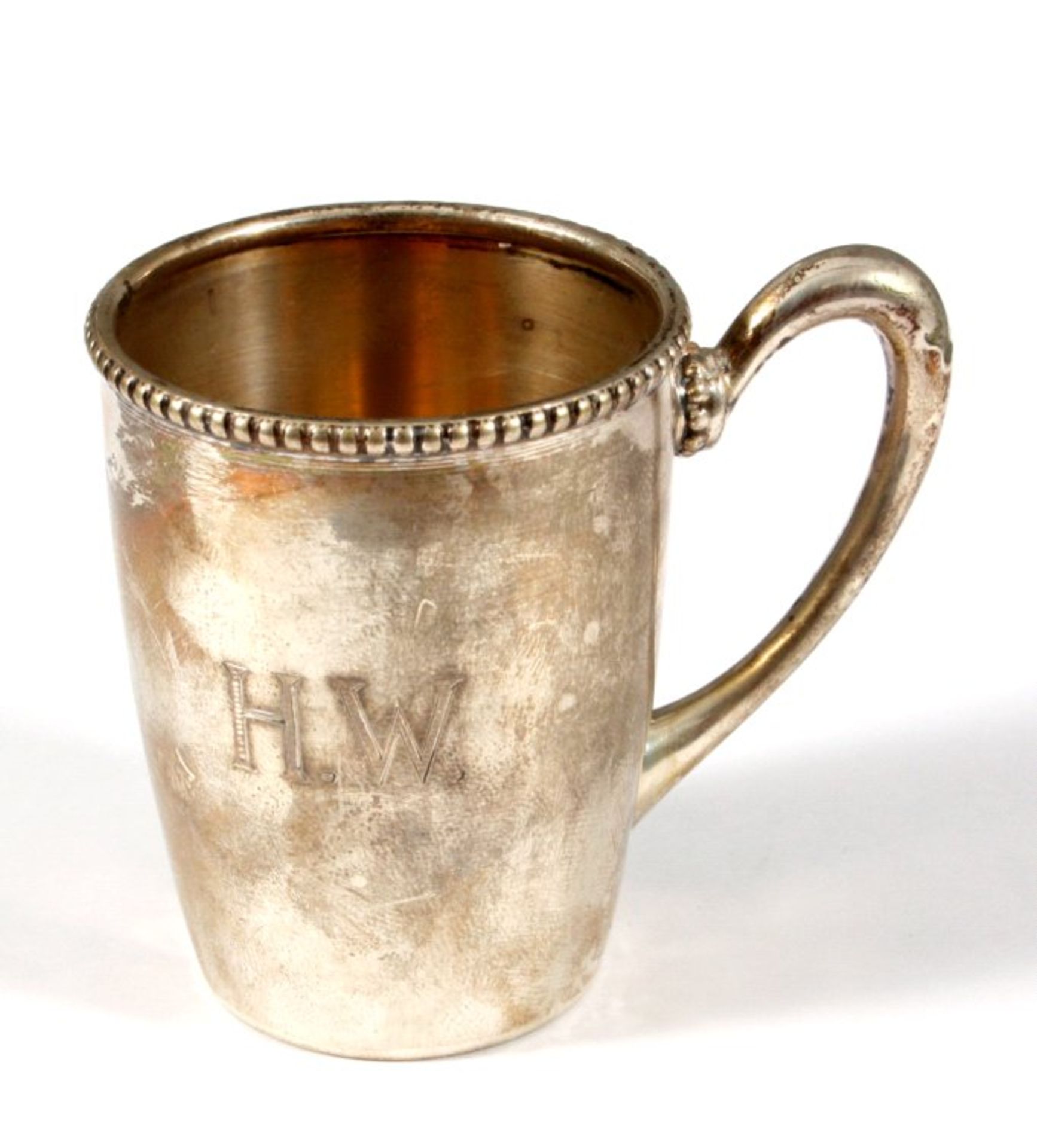 Kleiner Silberbecher mit Henkel, 19. Jahrhundert.Hersteller Zeichen G/H, gepunzt mit Halbmond und