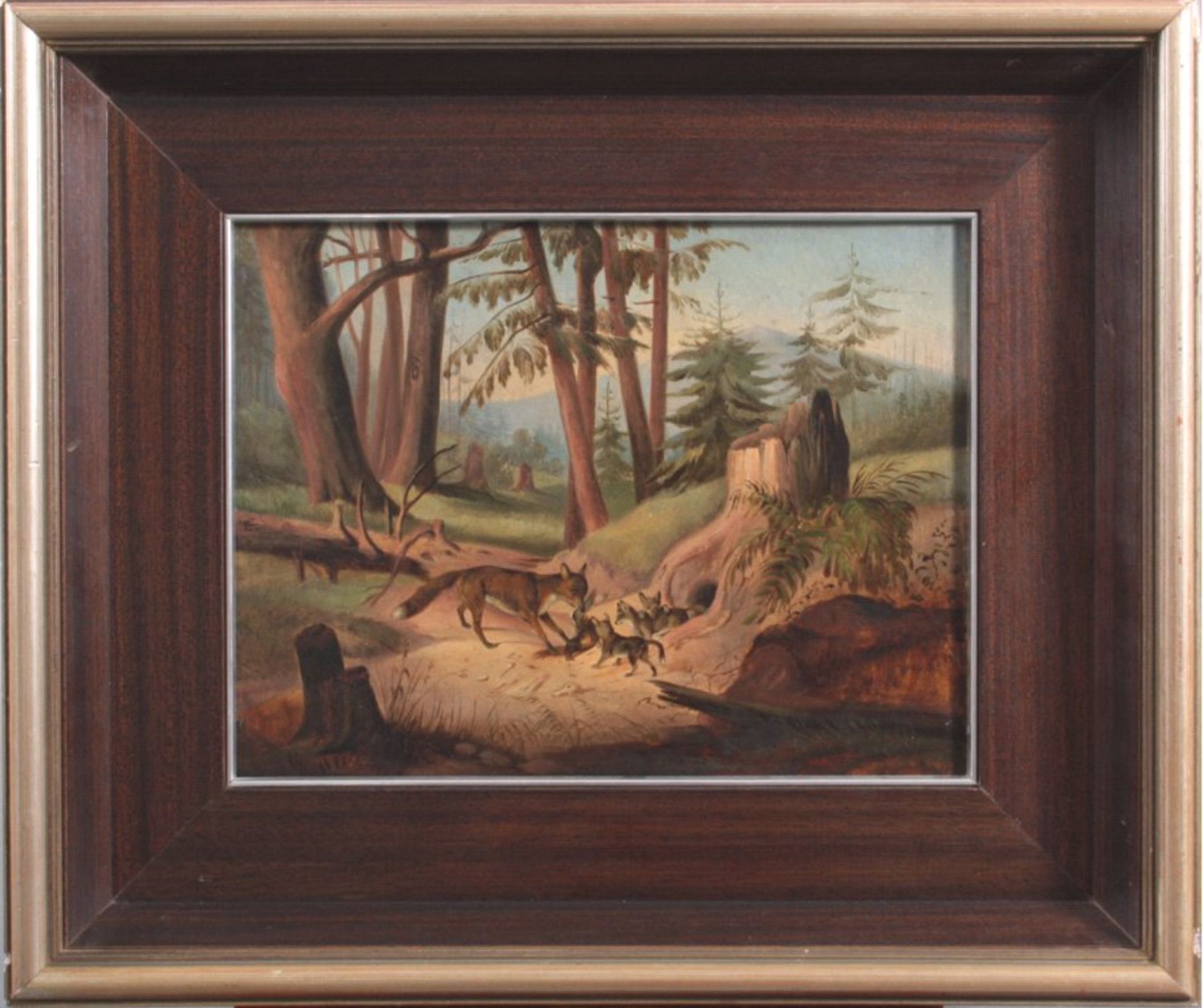 Unbekannter Künstler des 20. Jh.Öl/Karton, "Fuchsfamile", unsigniert, gerahmt, ca. 25x33 cm - Bild 2 aus 2