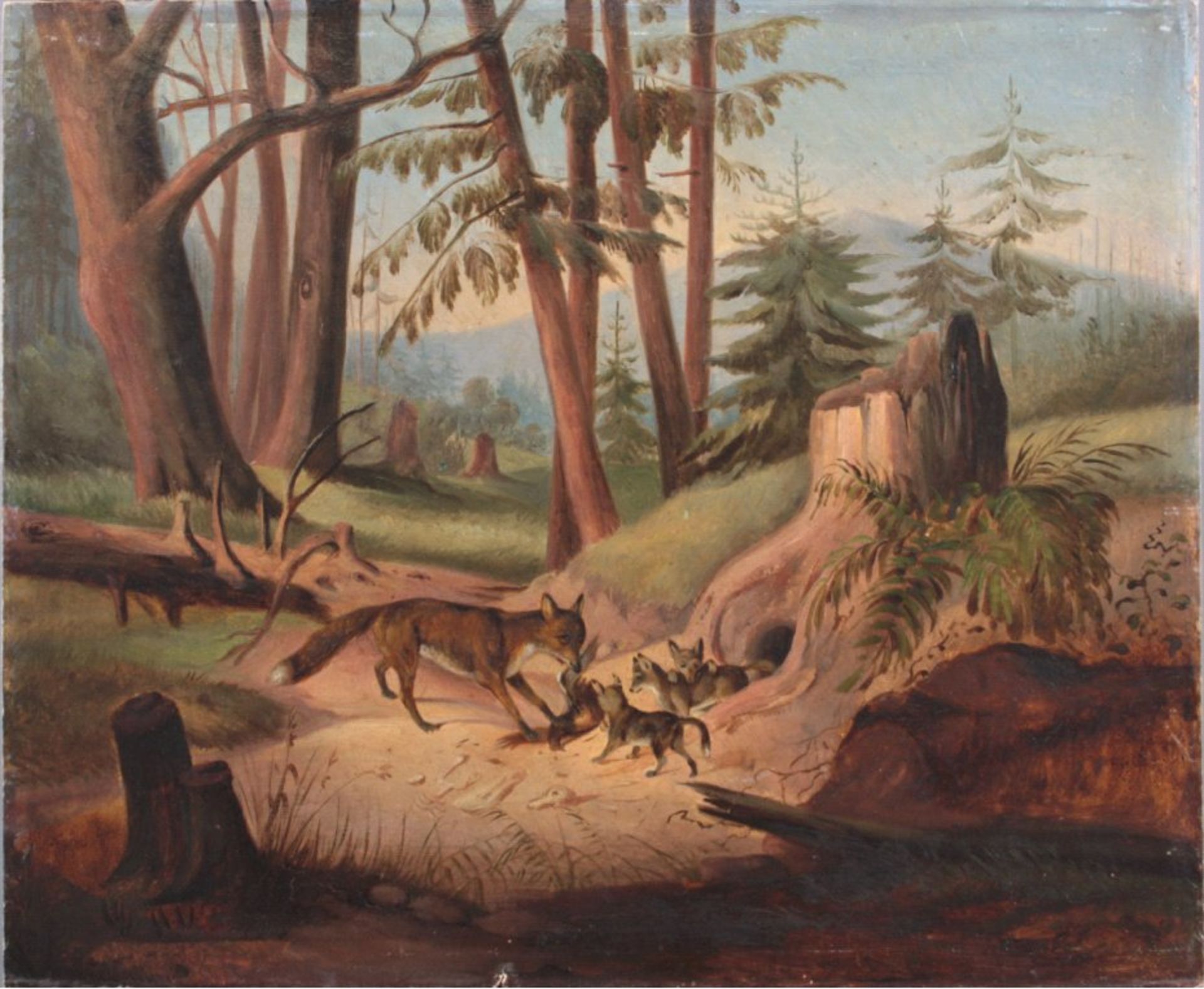 Unbekannter Künstler des 20. Jh.Öl/Karton, "Fuchsfamile", unsigniert, gerahmt, ca. 25x33 cm