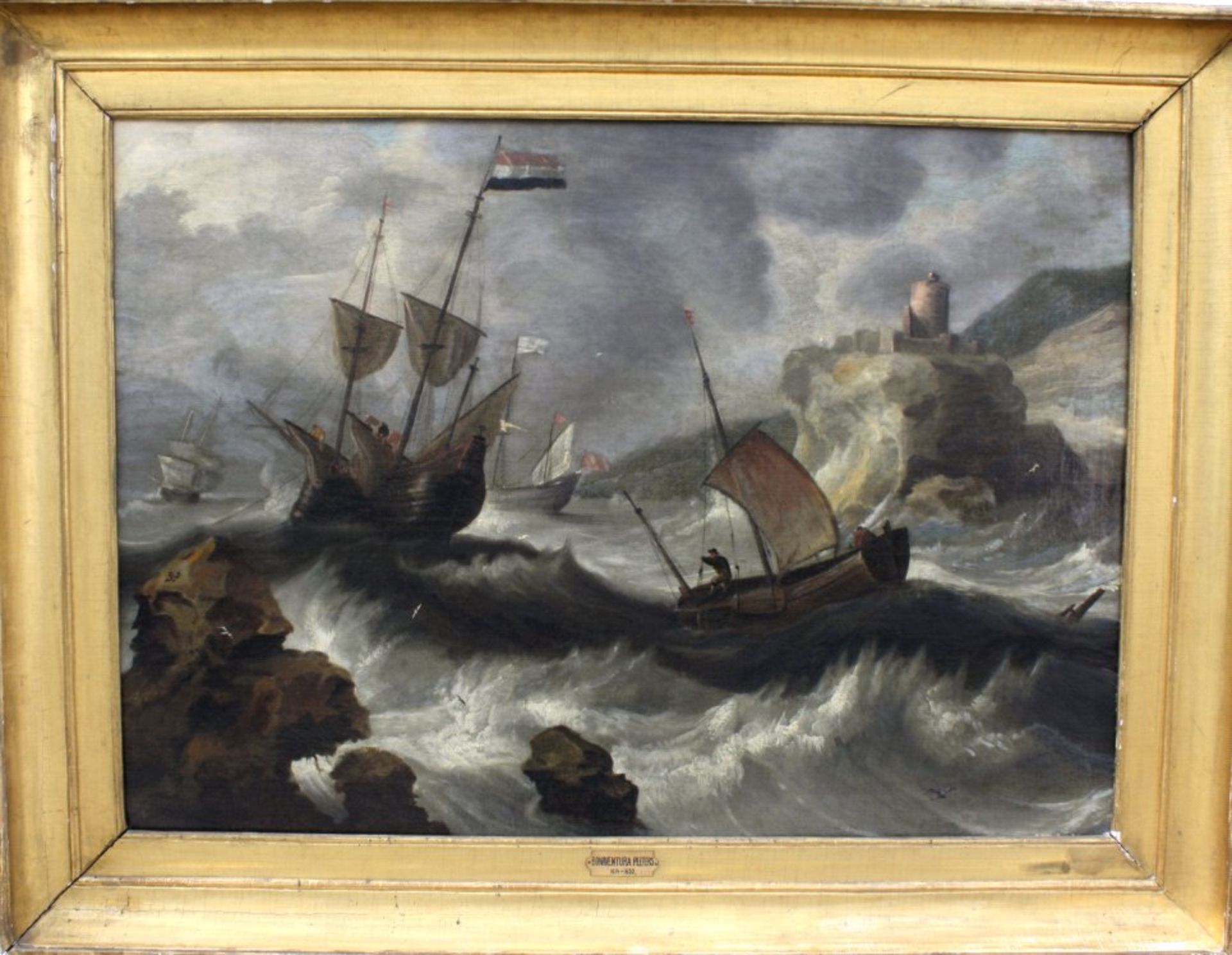 Bonaventura Peeters 1614 - 1652"Stürmische Brandung mit 4 Segelbooten vor hochgelegenerFestung in - Image 2 of 4