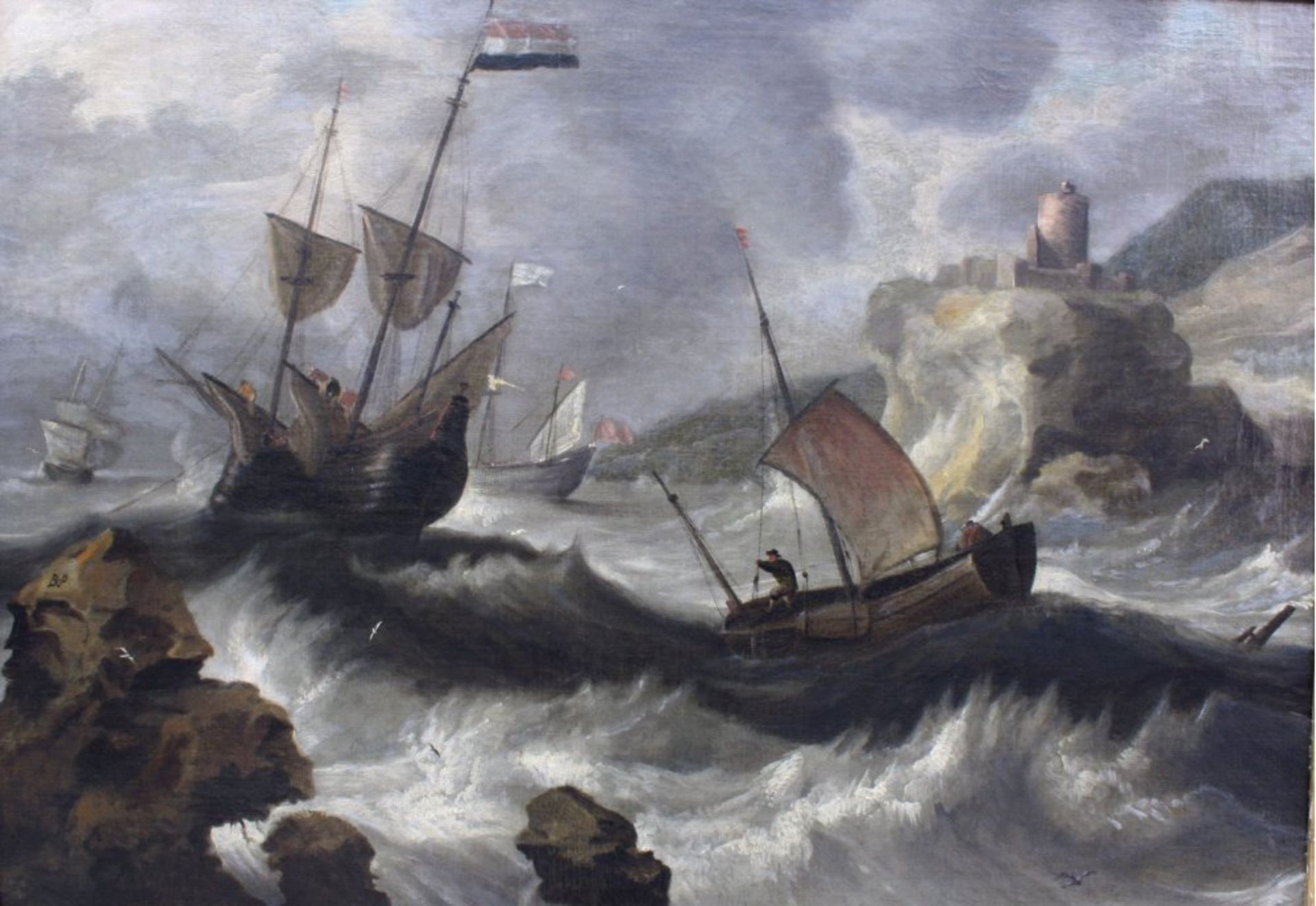 Bonaventura Peeters 1614 - 1652"Stürmische Brandung mit 4 Segelbooten vor hochgelegenerFestung in