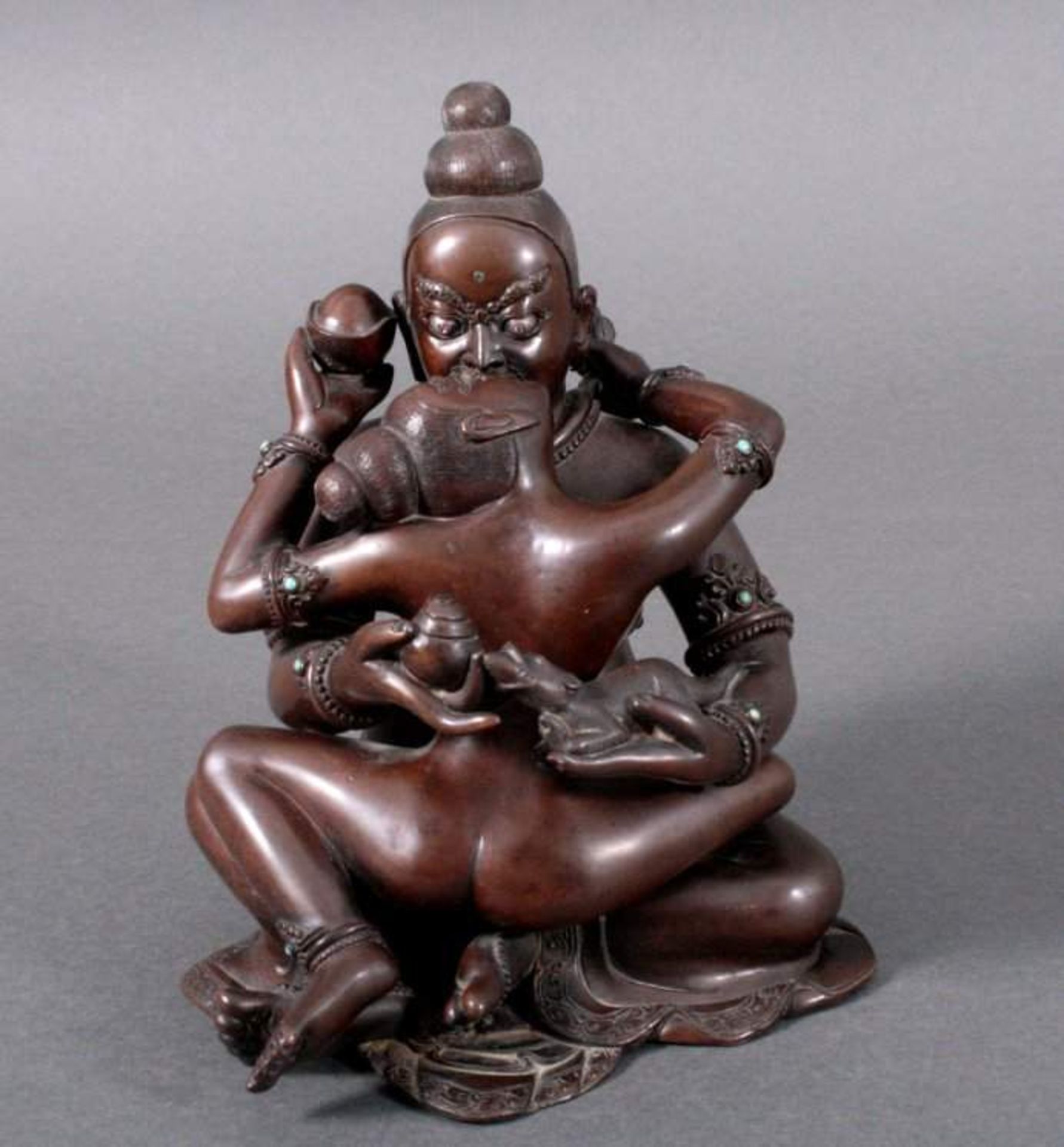 Bronzeskulptur, Indien2-teilige Skulptur, Vereinigung von Ying und Yang, dunklePatina, besetzt mit