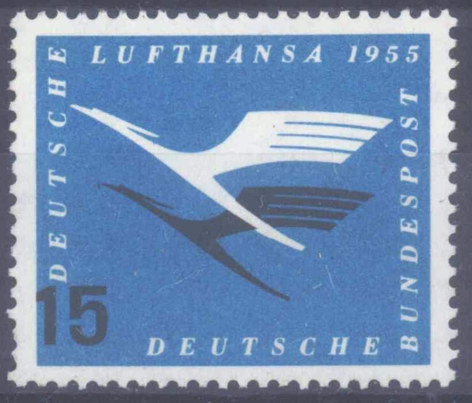 1955 Bund, 15 Pfennig Lufthansa mit Passerverschiebungder Farbe Schwarz nach oben, Michelnummer