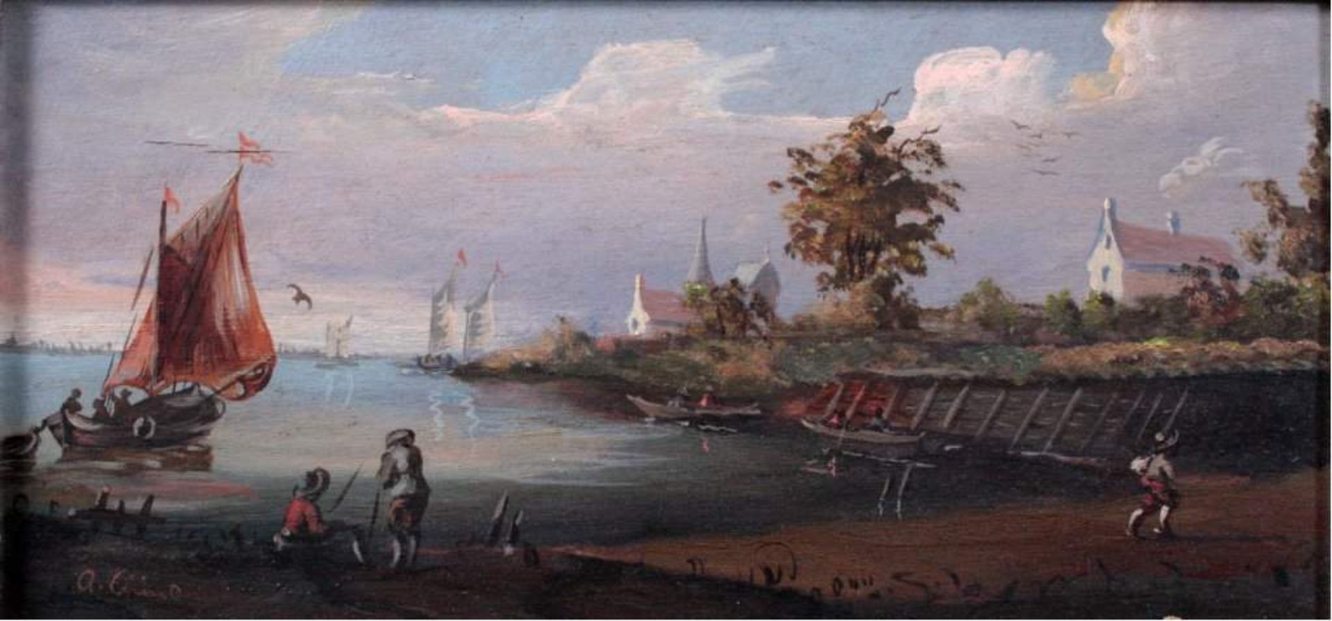 A. Corinio, Maler des 20. Jh.Öl auf Holz gemalt, Meeresbucht mit Segelbooten undPersonen, im Stil - Bild 2 aus 3