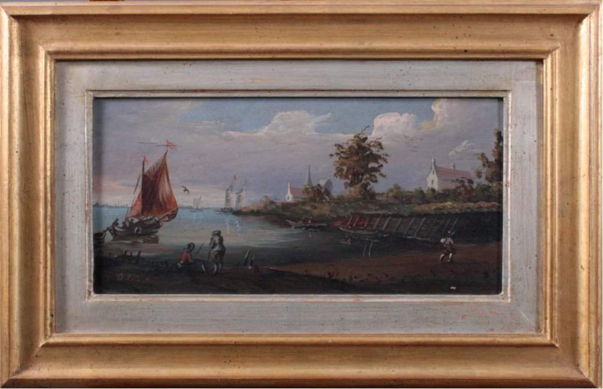 A. Corinio, Maler des 20. Jh.Öl auf Holz gemalt, Meeresbucht mit Segelbooten undPersonen, im Stil