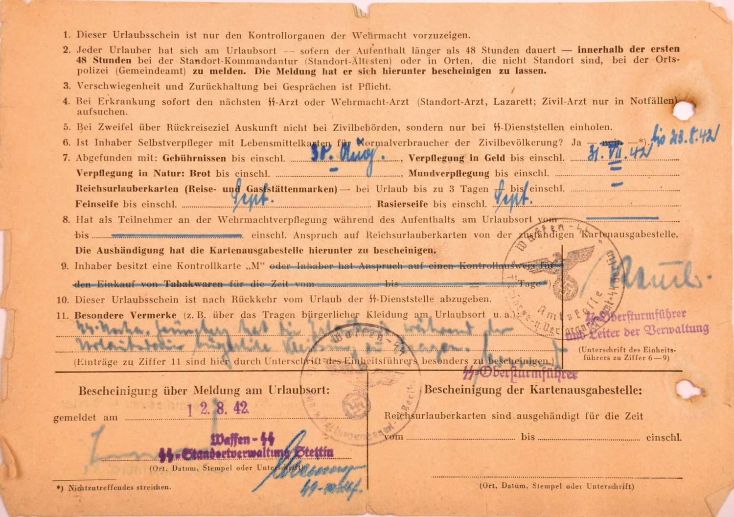 KRIEGS-URLAUBSSCHEIN, f. e. SS-Unterscharführer des Fürsorge- u. Versorgungsamts SS Berlin, - Bild 2 aus 2