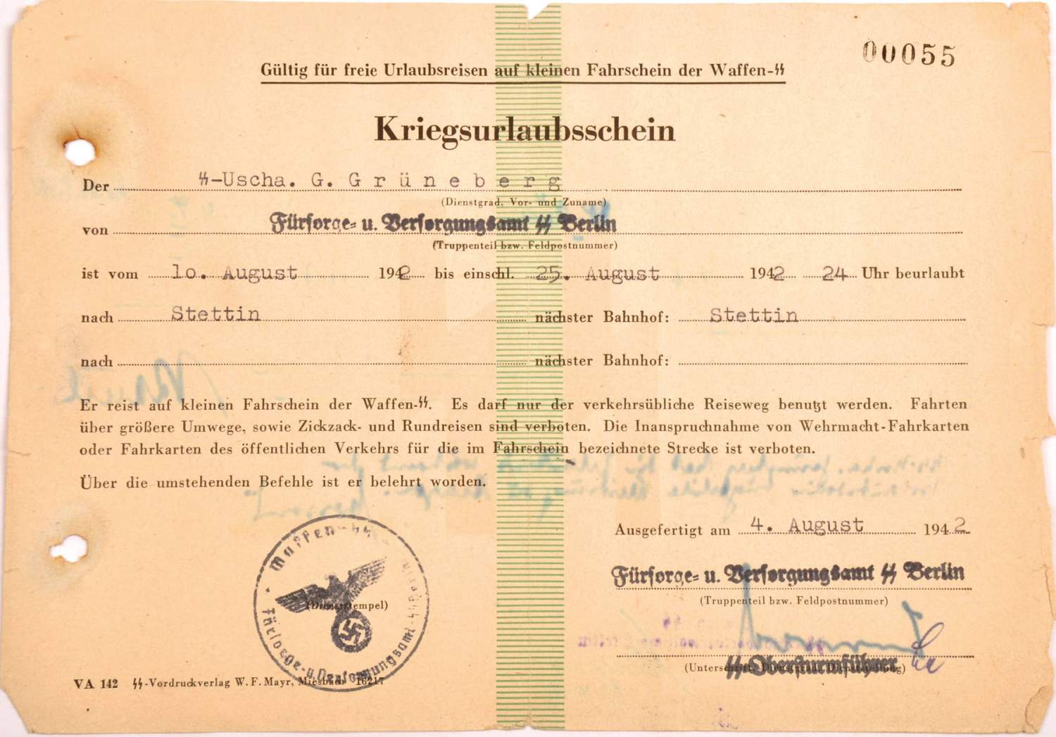 KRIEGS-URLAUBSSCHEIN, f. e. SS-Unterscharführer des Fürsorge- u. Versorgungsamts SS Berlin,
