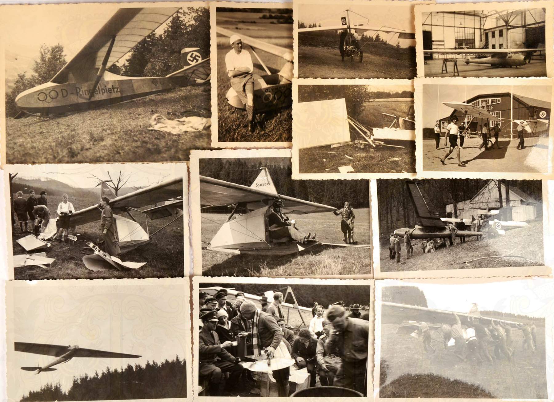 20 FOTOS SEGELFLUG, Einsätze u. Wettkämpfe m. div. Flugzeugen, um 1938 < 974026F, Zustand: I-/II,