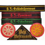 KONVOLUT EFFEKTEN: 3 Ärmelstreifen "HJ-Schießwart", "- Sportwart", "-Geländesportwart", grün, rot