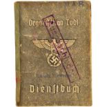 OT-DIENSTBUCH, zahlr. Einträge u. Stempel 1942/43, m. Zivilfoto, Einsatz Norwegen, OT-
