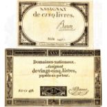 FRANKREICH, 2 ASSIGNATEN 1793 zu 5 u. 25 Livres, 10x6 u. 13x7,5 cm, leicht gebraucht < 1011273F,