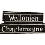 2 FÜHRER-ÄRMELBÄNDER: "Charlemagne" u. "Wallonie", Schriftzüge a. slb. Metallfäden, handgest., 2