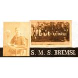 NACHLASS EINES OBERMASCHINISTEN, SMS "BREMSE": Mützenband, Slb.Faden gestickt; FP-Karte, gel. n.