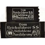 2 RZM-ETIKETTEN, gewebt, "Vom Reichsführer-SS befohlene Ausführung", 2,4 x 5,4 u. 1,8 x 3,2 cm,