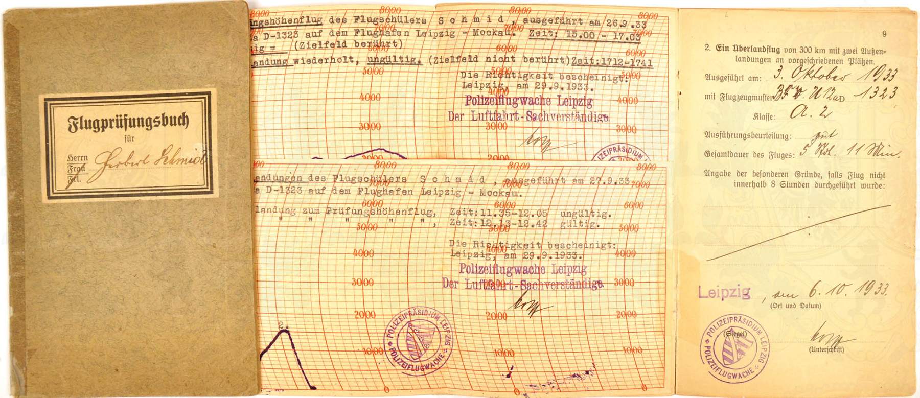 FLUGPRÜFUNGSBUCH EINES FLUGSCHÜLERS, zahlr. Einträge, Flugdiagramme u. Stempel 1933, dabei Polizei-