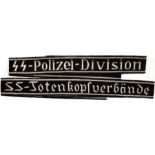 2 FÜHRER-ÄRMELBÄNDER: "SS-Polizei-Division" u. "SS-Totenkopfverbände", Schriftzüge a. slb.