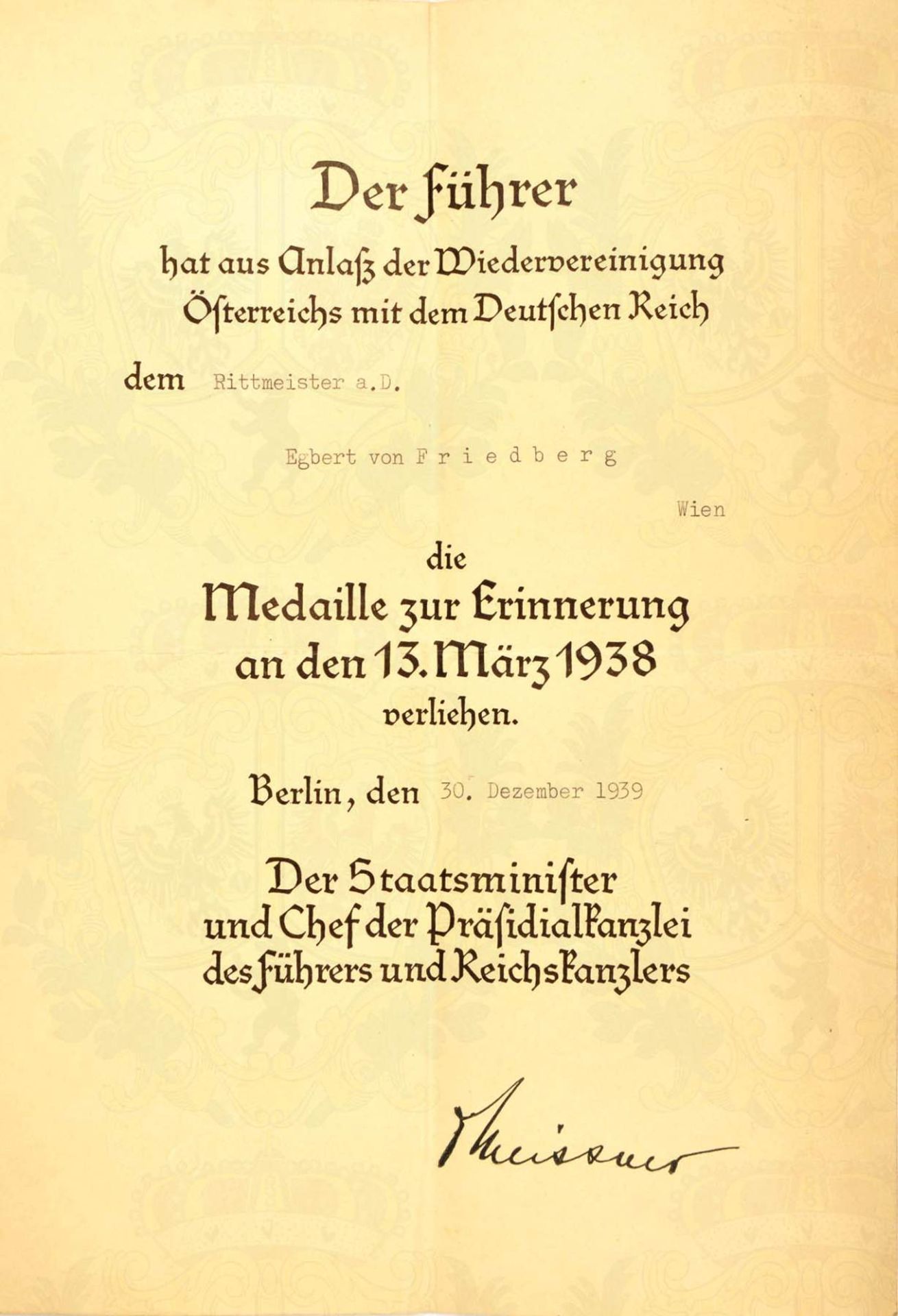 VERLEIHUNGSURKUNDE, Medaille zur Erinnerung an den 13. März 1938, ("Österreich-Medaille"), f. e.