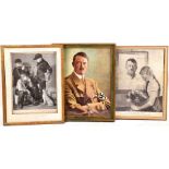 FARBIGER KUNSTDRUCK ADOLF HITLER, Brustportrait im brauen 4-Taschenrock mit HK-Armbinde, um 1939,