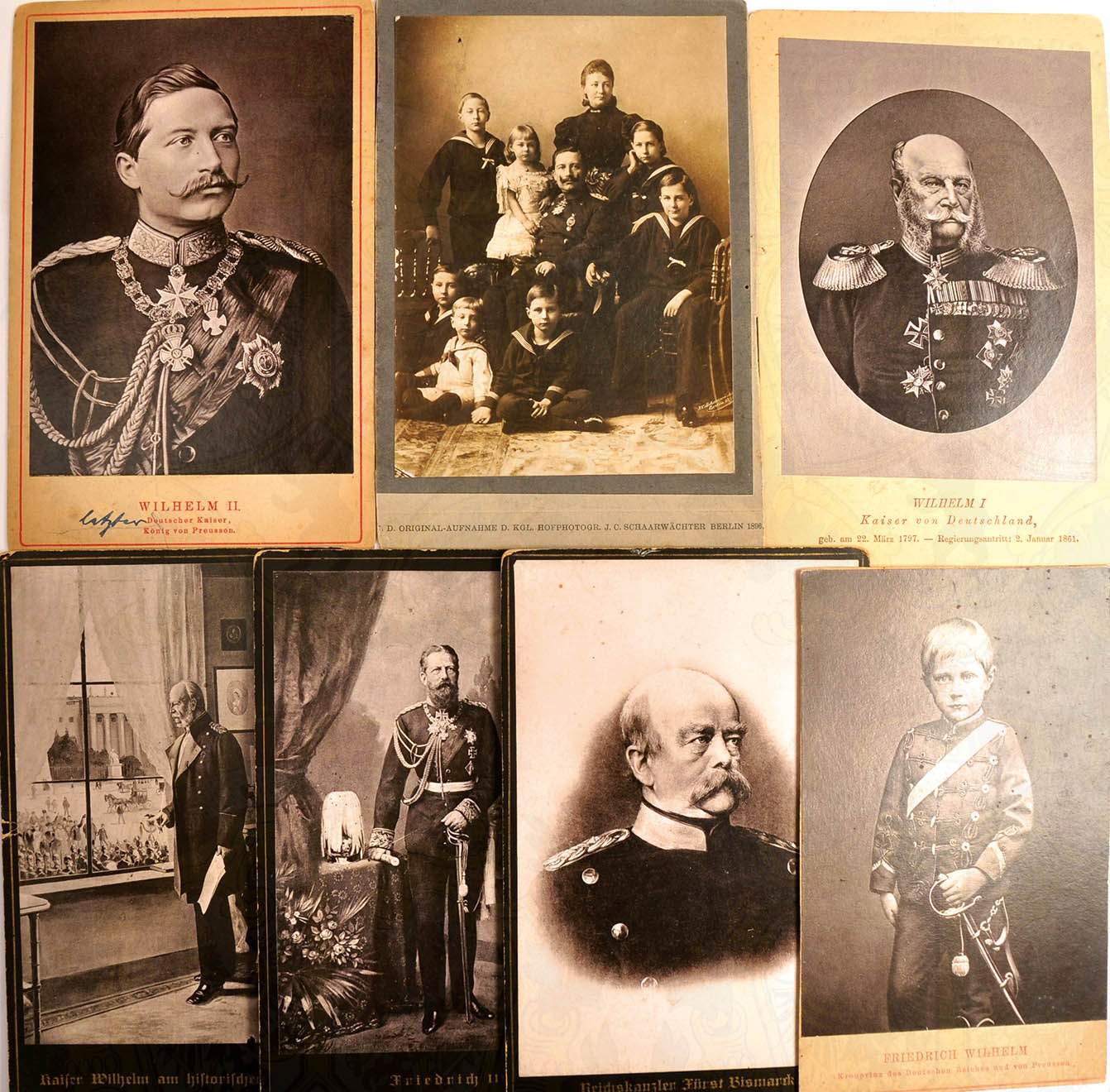 7 KABINETTFOTOS, Portraits u. Ganzaufnahmen d. Kaiser Wilhem I. u. II. sowie Friedrich III.;