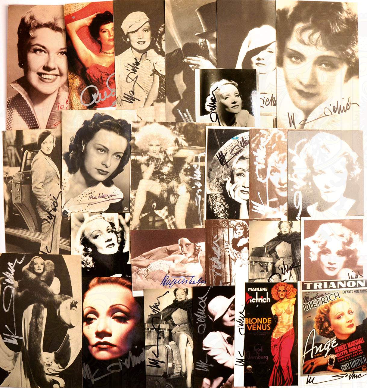 SAMMLUNG 52 FILMSTAR-AUTOGRAPHEN, davon 27 St. Marlene Dietrich, auf Fotos, Repro-AK, Druck- u. - Image 3 of 3