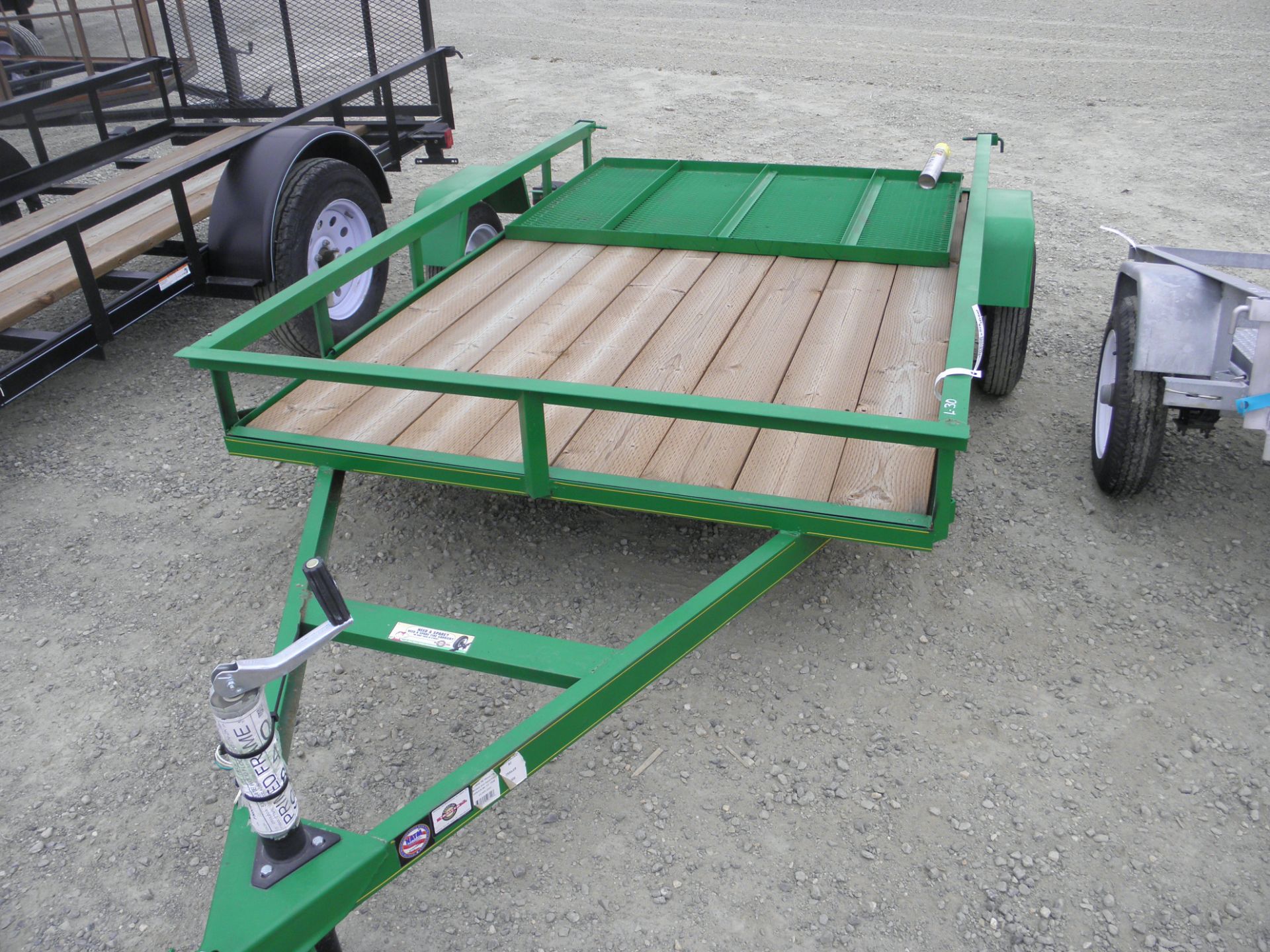 5' X 8' single axle flatbed, rail sides, rear fold up ramps, JD green