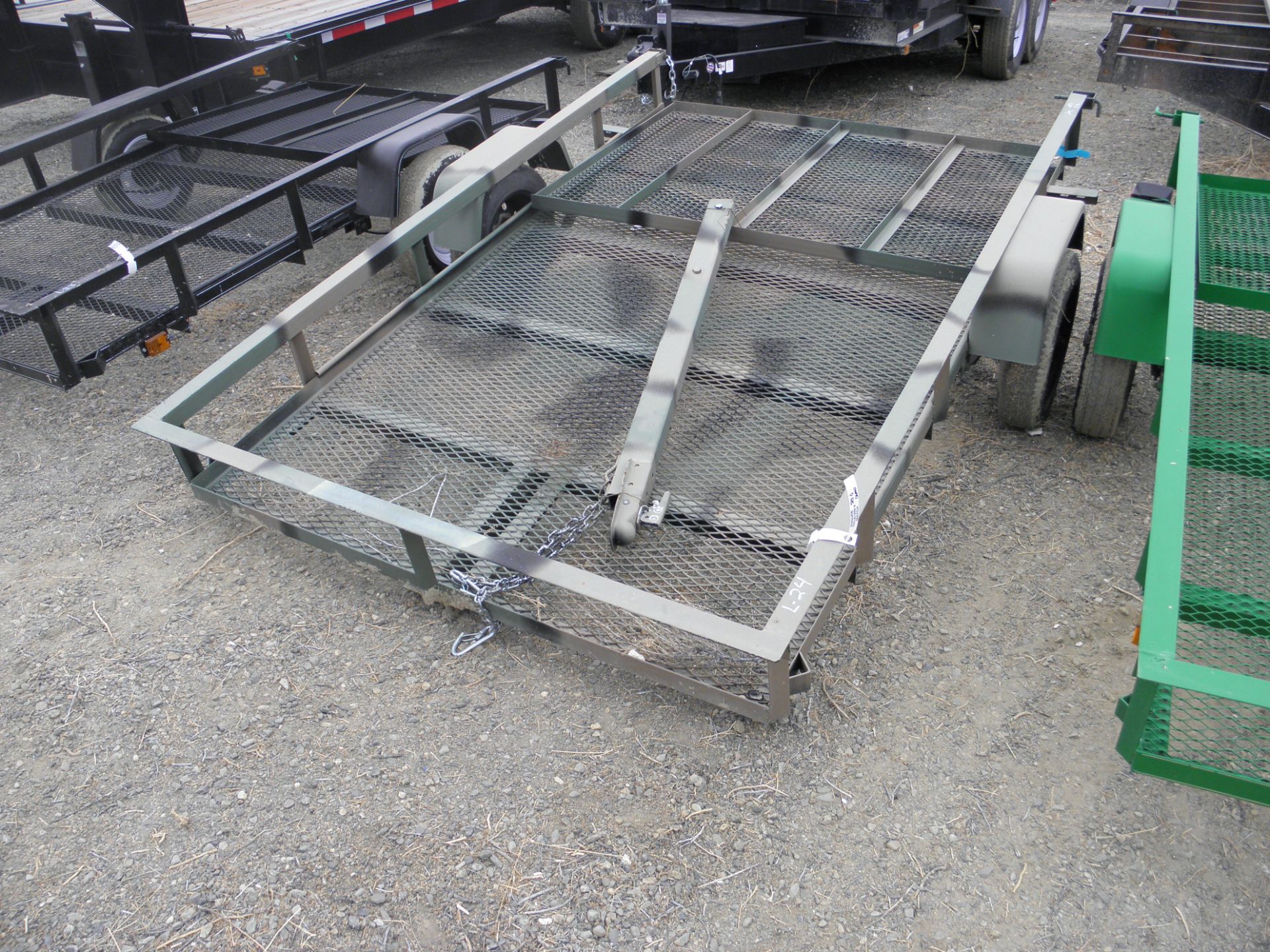 5' X 8' single axle flatbeds w/rail sides, rear fold ramps, camo paint, expanded metal deck