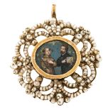 "Rosa de pecho" pendant, 17th Century 14K gold, seed pearls and central medallion with miniature