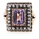 Elizabethan style ring Gold and silver, emerald-cut amethyst, 2.93 cts and rose cut diamonds, 0.36