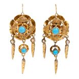 Elizabethan brooch and earring set, circa 1860 18K and 14K gold, probably turquoises and seed