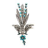 Bird shaped brooch, second half of the 19th Century Silver, cabochon cut turquoises, 1.55 cts and