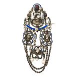 Renaissance style brooch, late 19th Century Silver, enamel, faux rubies and seed pearls. Defects and