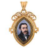 Gold and enamelled locket, circa 1870 Gold, enamel and seed pearls. Obverse medallion depicting a