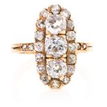 Long diamond ring, circa 1900 Pink gold and old brilliant-cut diamonds, 1.80 cts. 3,5 gr