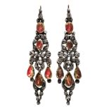 Catalan long silver earrings, 19th Century Silver, oval and pear cut quartz, 8.30 cts and rose cut