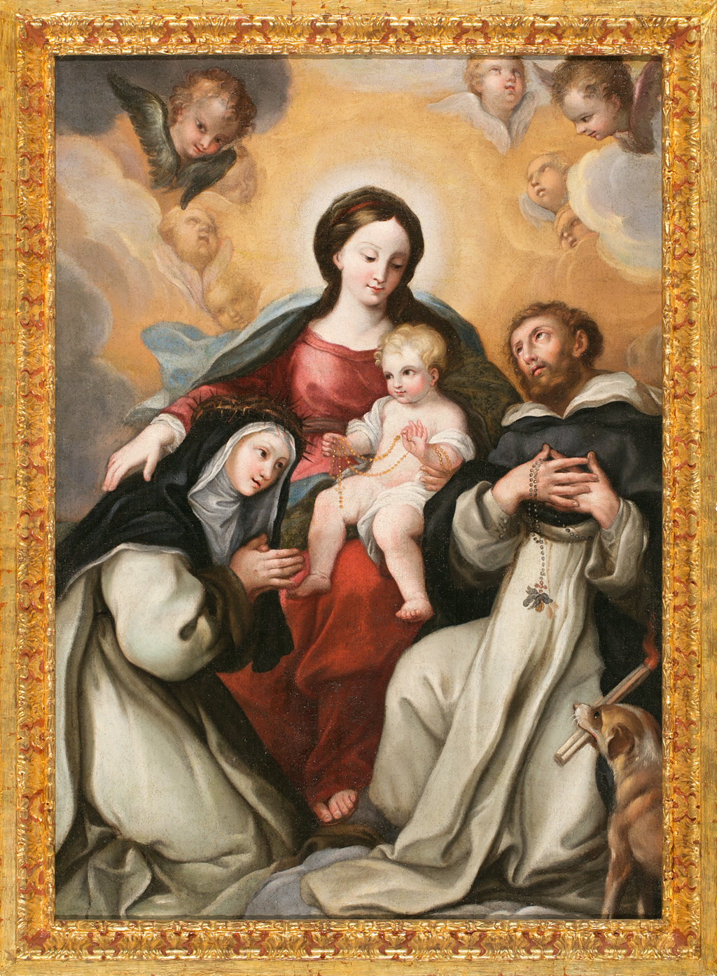 Italian school, 17th Century The Virgin giving the rosary to Saint Dominic and Saint Catherine of